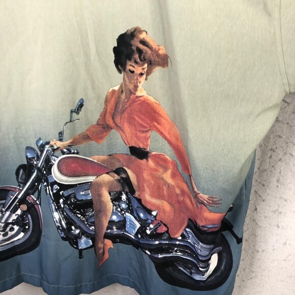 Motorcycle Pinup Shirt Mens XL Green Blue Ombre Button Front Camp Biker J/E/T - Picture 8 of 16